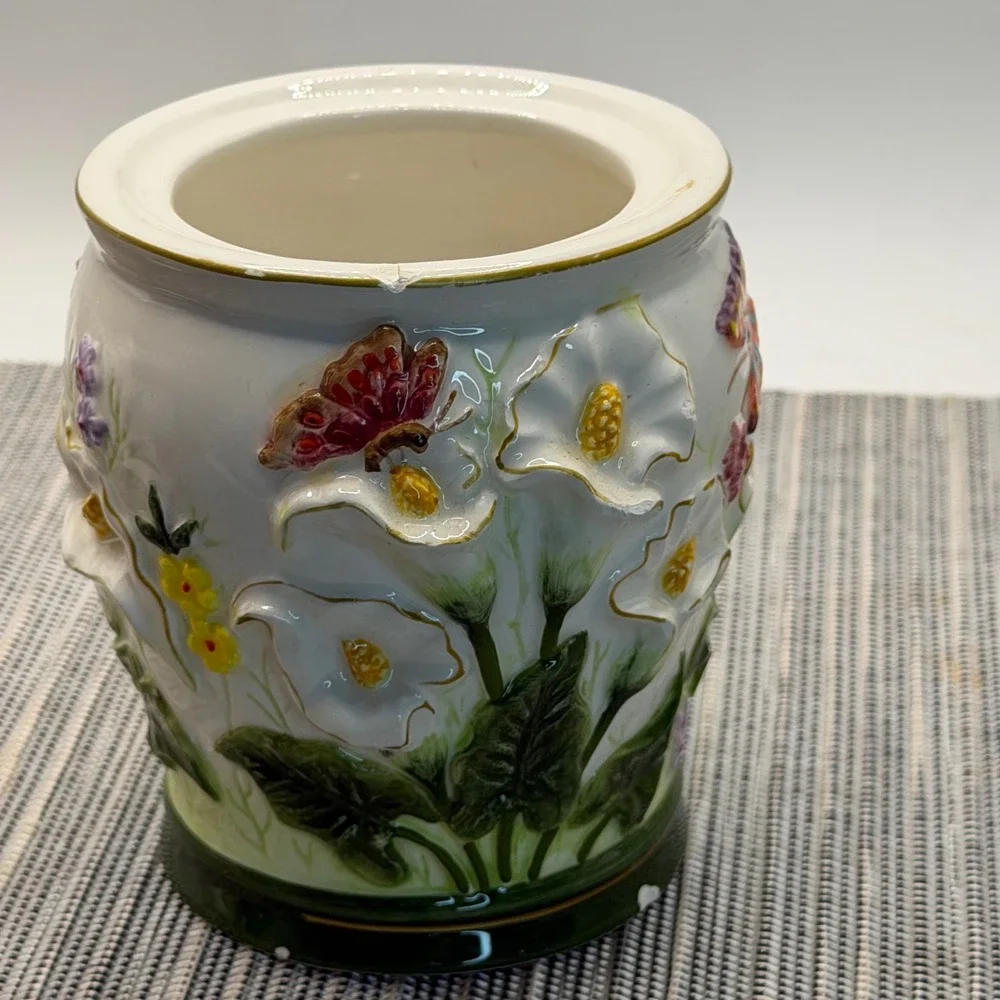 Ks Collection Ceramic Calla Lily Butterfly Canister Jar 3D Floral Vintage Decor